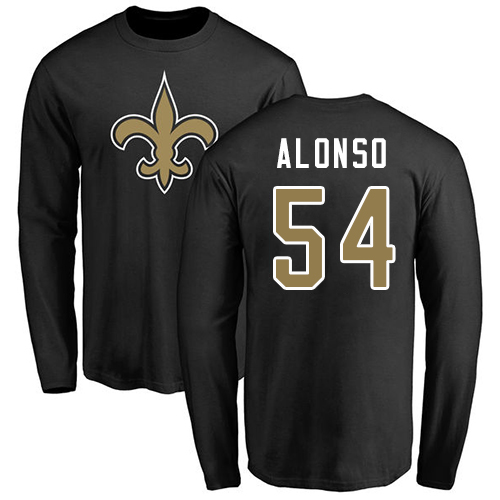 Men New Orleans Saints Black Kiko Alonso Name and Number Logo NFL Football #54 Long Sleeve T Shirt